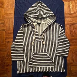 New J. Crew hooded blue and white striped sailor pullover.